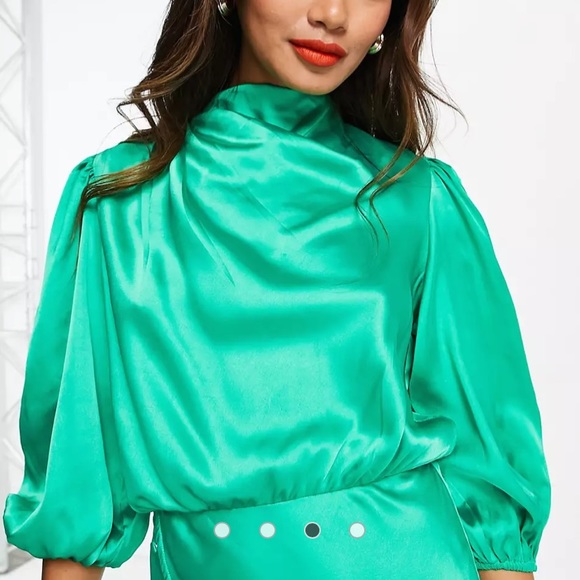 ASOS DESIGN pleat cowl neck satin midi tea dress with puff sleeve size US 12 - Picture 3 of 7